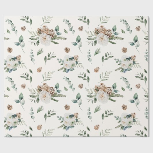 Papier Cadeau Vacances hiver Blanc Floral Pinecone Noël (Plat)
