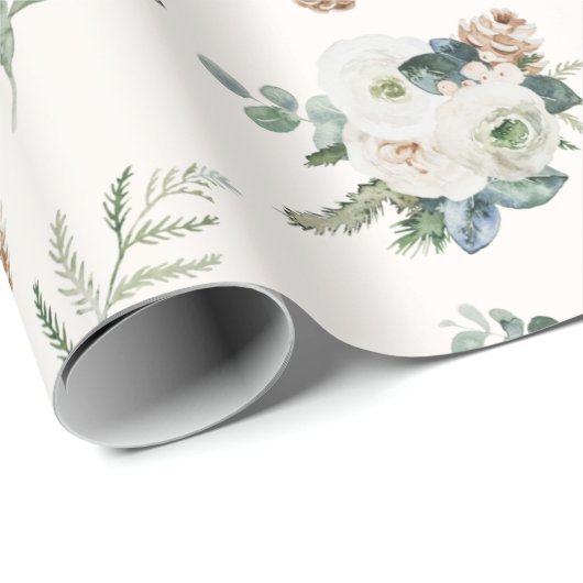 Papier Cadeau Vacances hiver Blanc Floral Pinecone Noël (Coin rond)