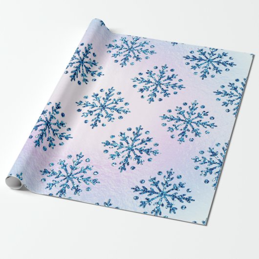 Papier Cadeau Vacances LG Ice Blu Snowflakes Iridescente Faux Fa (Déroulé)