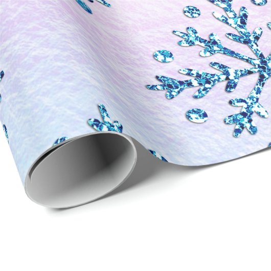 Papier Cadeau Vacances LG Ice Blu Snowflakes Iridescente Faux Fa (Coin rond)