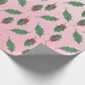 Papier Cadeau Vacances Noël Rose Vert Holly Rouge Berries (Coin)