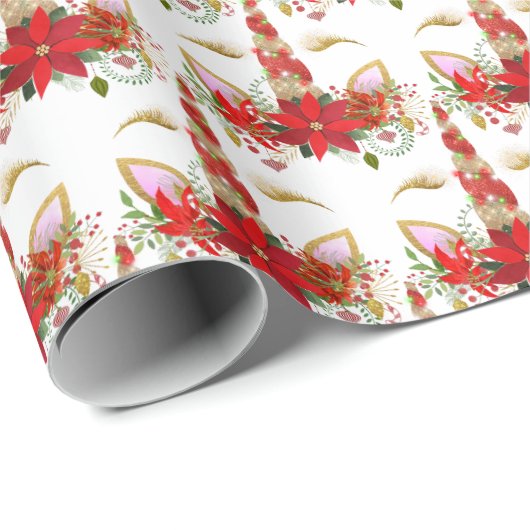 Papier Cadeau Vacances Noël Unicorn Lashes White Gold Joyeux (Coin rond)