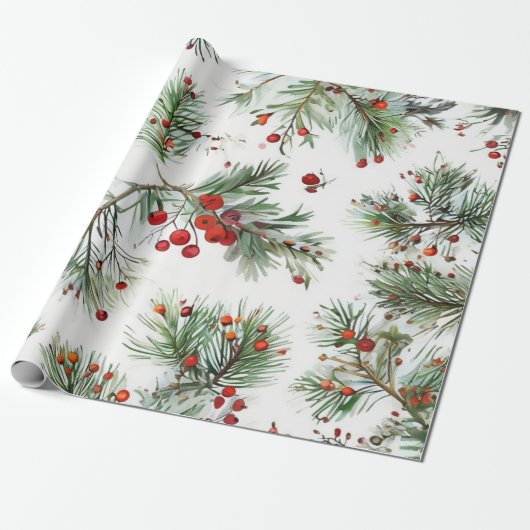 Papier Cadeau Vacances Red Pine & Berries Design (Déroulé)