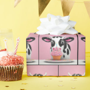 Papier Cadeau Vache Avec Cupcake Anniversaire Sur Rose