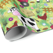 Papier Cadeau Vache de chantier agricole et tracteur rouge (Coin rond)