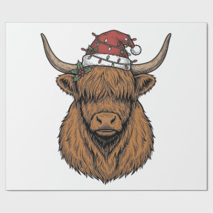 Papier Cadeau Vache des Highlands de Noël Gravure Vintage Chapea