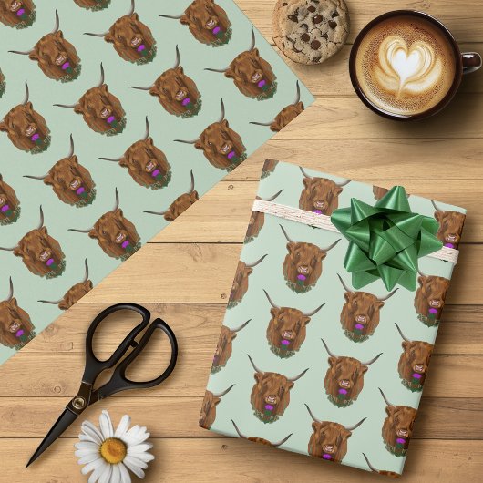 Papier Cadeau Vache Écossaise des Highlands Thistle Celtique Vio