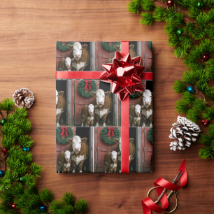 Papier Cadeau Vache et veau Hereford de Noël