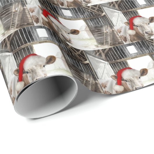 Papier Cadeau Vache Hereford Avec Casquette Père Noël En Grange (Coin rond)