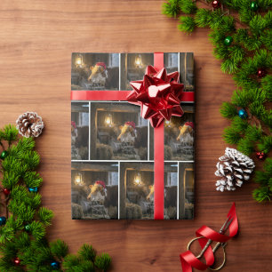 Papier Cadeau Vache Hereford de Noël dans une grange