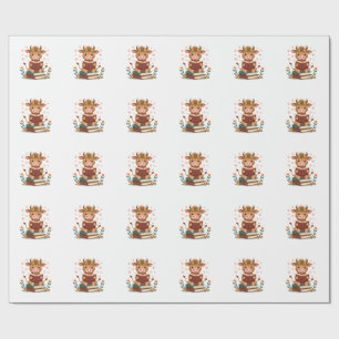 Papier Cadeau Vache Highland Vintage lisant des livres Floral Cu