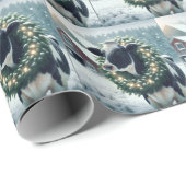 Papier Cadeau Vache Holstein portant une couronne de Noël brilla (Coin rond)