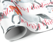 Papier Cadeau Vaches de Noël rouges sur les chevaux blancs Joyeu (Coin rond)