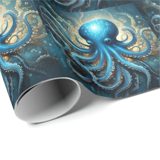 Papier Cadeau Vagues célestes : L'Art Fractal Bleu Octopus (Coin rond)
