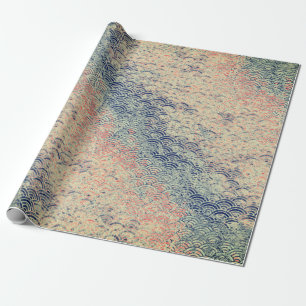 PAPIER CADEAU VAGUES JAPONAISES BLUES ET ROSES MOTIFS