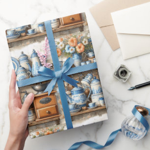 Papier Cadeau Vaisselle antique bleue et blanche