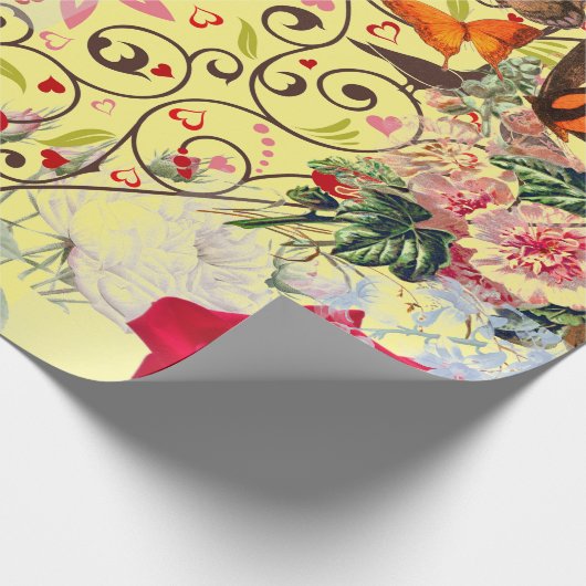 PAPIER CADEAU VALENTINE DU COEUR JAUNE AVEC FLEURS EN PAPIER (Coin)