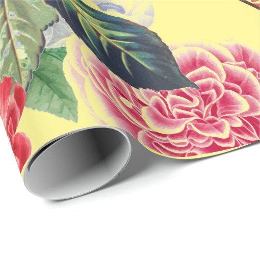 PAPIER CADEAU VALENTINE DU COEUR JAUNE AVEC FLEURS EN PAPIER (Coin rond)