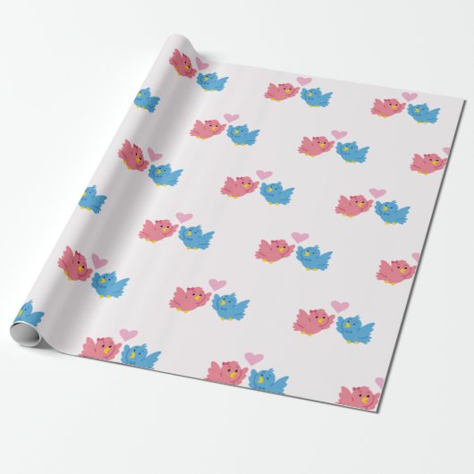 Papier Cadeau Valentine's Day Love Birds Pattern Wrapping Paper (Déroulé)