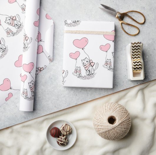 Papier Cadeau Valentine's Day Wrapping Paper Cat Pink Hearts (Artisanat)