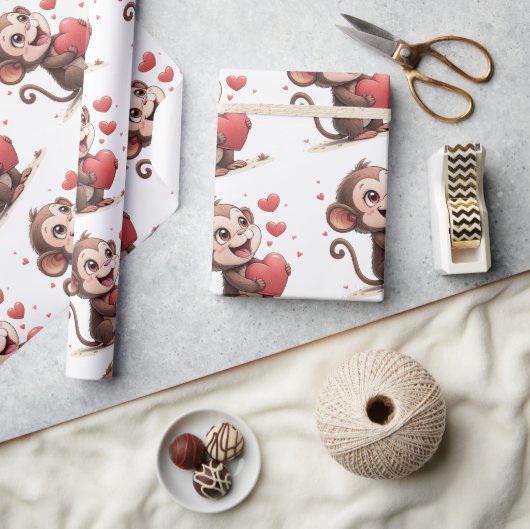 Papier Cadeau Valentine's Day Wrapping Paper Monkey Red Hearts (Artisanat)