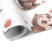 Papier Cadeau Valentine's Day Wrapping Paper Monkey Red Hearts (Coin rond)