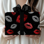 Papier Cadeau Valentines Red Silver Glitter Lips on Black 