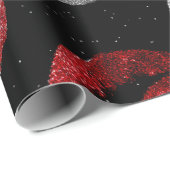 Papier Cadeau Valentines Red Silver Glitter Lips on Black  (Coin rond)