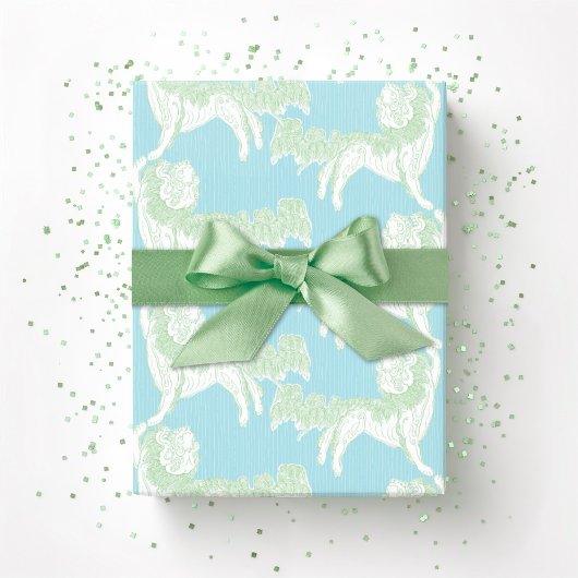 Papier Cadeau Valse Foo Dog en vert et aqua