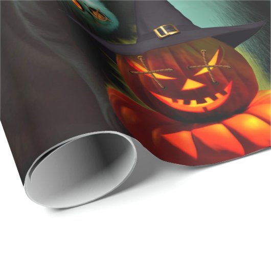 Papier Cadeau Vampire Chat et Assistant Citrouille Halloween Sur (Coin rond)