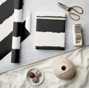 Papier Cadeau Vanille & Noir Motif Rayures Bord Brut Mariage
