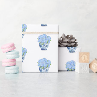 Papier Cadeau Vase Bleu et Blanc de Style Chinois avec Hydrangea
