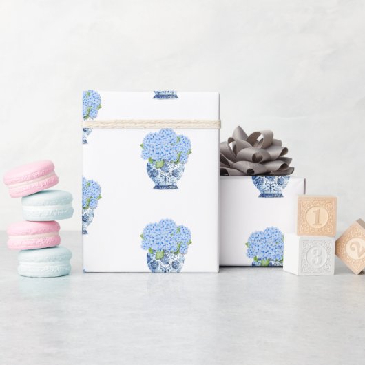 Papier Cadeau Vase Bleu et Blanc de Style Chinois avec Hydrangea (Baby Shower)