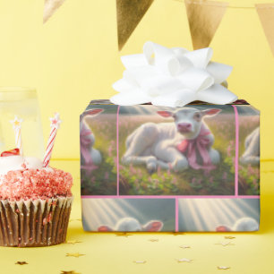 Papier Cadeau Veau blanc avec cabot rose en pâturage