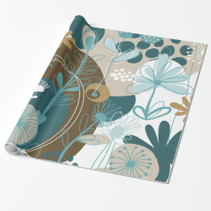 Papier Cadeau Vecteur floral rétro mignon, Aqua Brown Turquoise