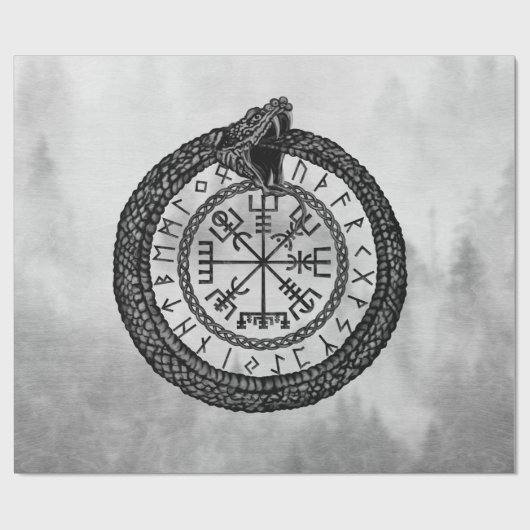 Papier Cadeau Vegvisir avec Ouroboros et runes - niveaux de gris (Plat)