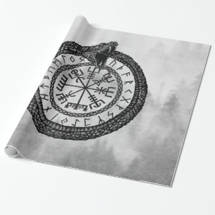 Papier Cadeau Vegvisir avec Ouroboros et runes - niveaux de gris