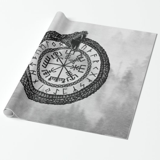 Papier Cadeau Vegvisir avec Ouroboros et runes - niveaux de gris (Déroulé)
