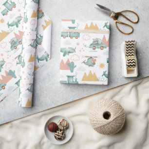 Papier Cadeau Véhicules et animaux amusants. Enfants motif bébé