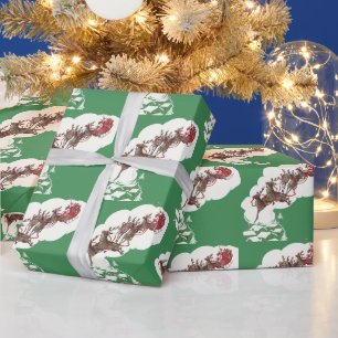 Papier Cadeau Veille de Noël vintage, Père Noël rétro en traînea