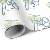 Papier Cadeau vélo avec chat blanc et marguerites (Coin rond)