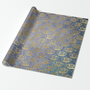 Papier Cadeau Velours bleu gris royal de confettis d'or de