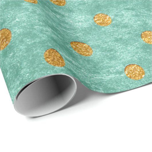 Papier Cadeau Velvet Polka Minuscules points d'or Turquoise Aqua (Coin rond)