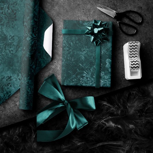 Papier Cadeau Velvety Turquoise Damask | Grunge vert foncé Baroq