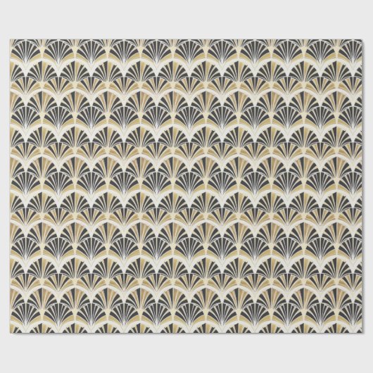 Papier Cadeau Ventilateur Art déco en noir & or sur blanc (Plat)