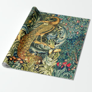 PAPIER CADEAU VERDURE, ANIMAUX FORESTIERS, PEACOCK EN VERT FLORA