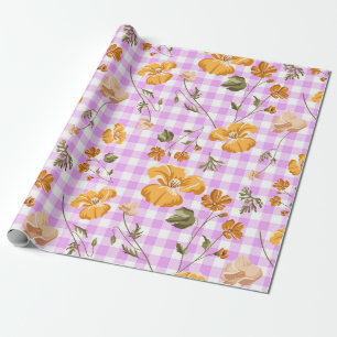 Papier Cadeau Vérifications de buffle blanc violet et fleurs jau