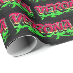 Papier Cadeau Vérone prénom nom graffiti rouge vert