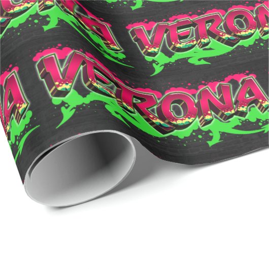 Papier Cadeau Vérone prénom nom graffiti rouge vert (Coin rond)