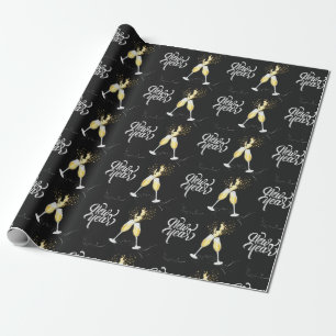 Papier Cadeau Verre à vin noir doré champagne confetti moderne